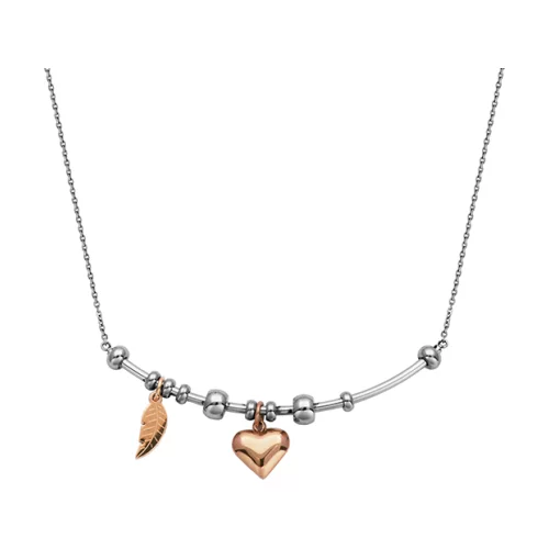 CJ Steelx Necklace with IP Rose Leaf and Heart Charm Rolo Chain - Rose and Silver