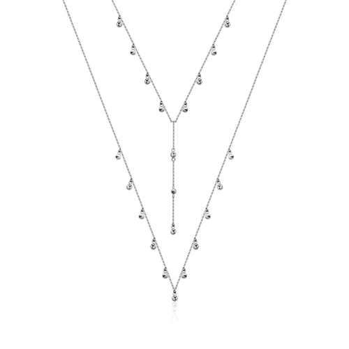 CJ Steelx Bezel CZ and Bead Double Layer Necklace - Silver