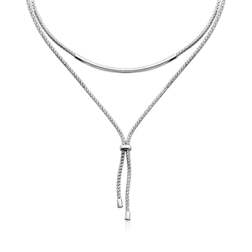 CJ Steelx Bar and Foxchain Double Layered Necklace - Silver
