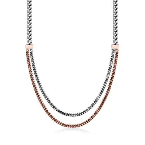 CJ Steelx 2-Layer Curb Link Necklace - Silver and Rose