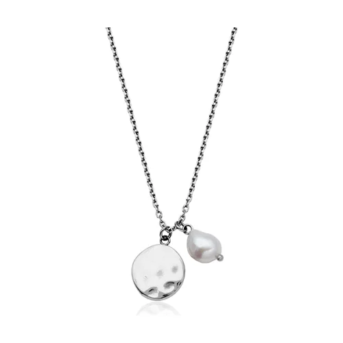 CJ Steelx Freshwater Pearl and Oval Disc Necklace - Silver