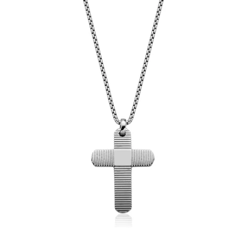 CJ Steelx Textured and High Polished Cross Necklace - Silver