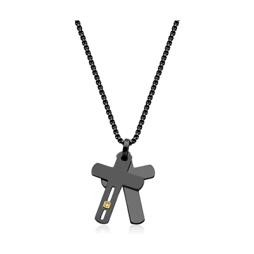 CJ STEELX Black and Gold with White Cubic Zirconia Double Cross Pendant - Black