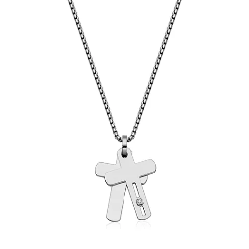 CJ STEELX White Cubic Zirconia Double Cross Pendant - Silver