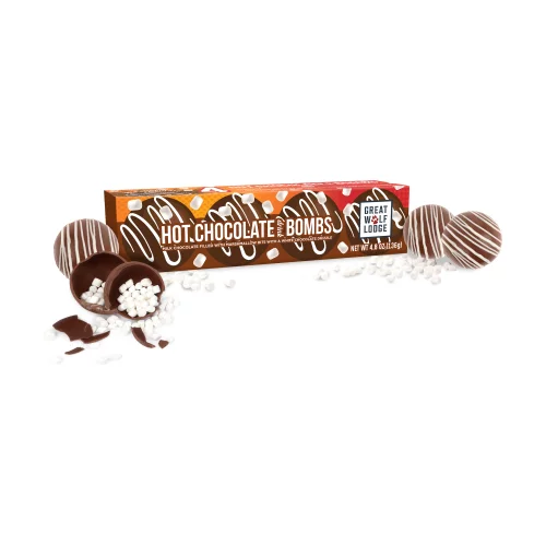 Lot de 4 bombes de chocolat chaud dans une boîte cadeau en couleur.