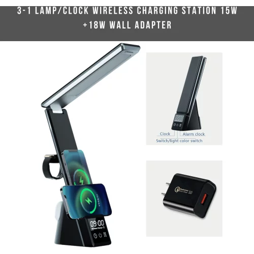 Station de charge sans fil 3 en 1 pour lampe/réveil + CHARGEUR MURAL 18W