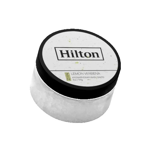 4 oz. Sels de bain à la verveine citronnée dans un bocal transparent avec couvercle noir.