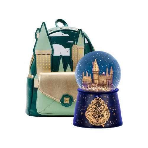 Harry Potter Bundle 4 - Hogwarts Snow Globe Jewelry Candle, Golden Hogwarts Castle Mini Backpack - M