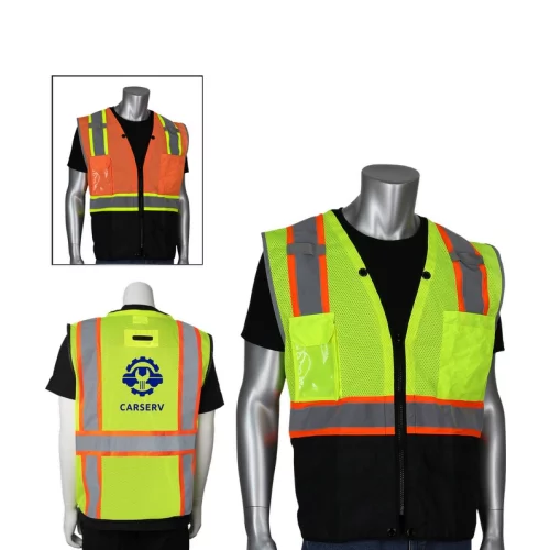 Gilet de topographe en maille prêt pour la technologie à onze poches bicolore.