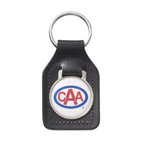 Porte-clés rectangulaire grand en cuir synthétique avec coins arrondis et breloque en acrylique