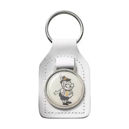 Porte-clés rectangulaire en cuir pleine fleur avec coins arrondis et breloque en acrylique