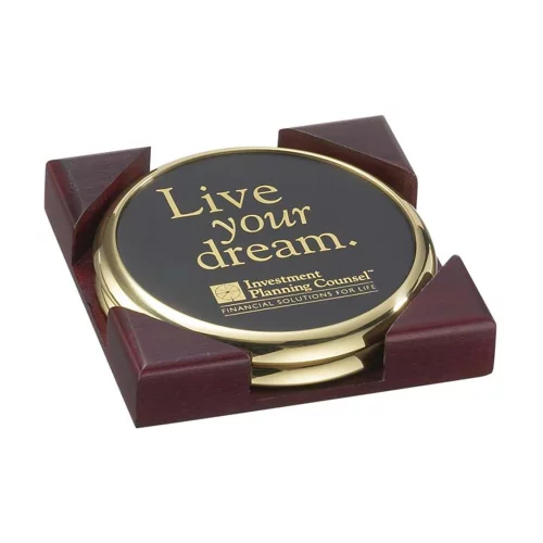 2 dessous de verre ronds en laiton massif avec support carré en bois de cerisier massif