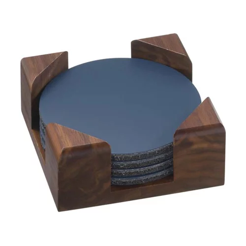 Ensemble de 4 dessous de verre ronds en cuir et caoutchouc avec support en bois de noyer.