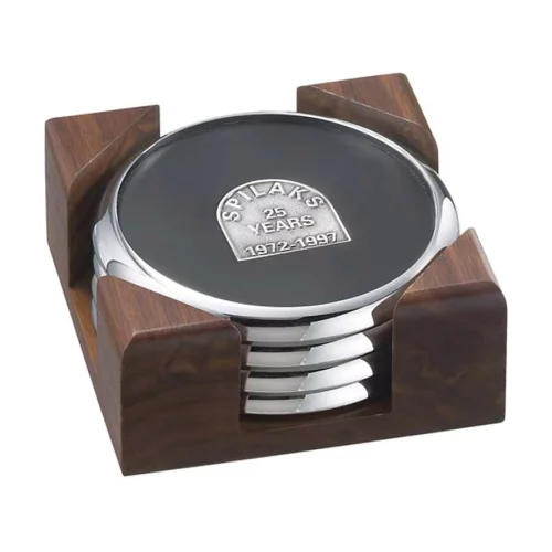 4 dessous de verre ronds en chrome massif avec support carré en bois de noyer massif