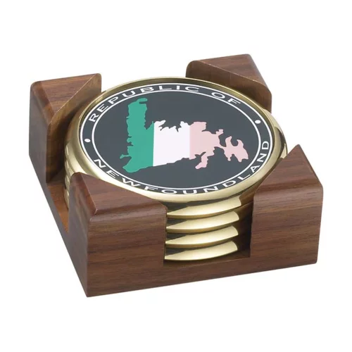 Ensemble de 4 dessous de verre en laiton massif Photosmart avec support plat en noyer carré.