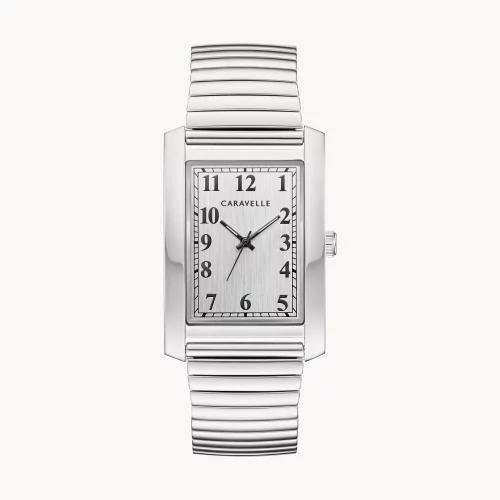 Caravelle® Collection Men's Silver Dress Watch w/Rectangular Silver White Dial