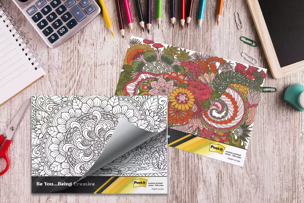 Custom Printed Post-it® Coloring Pad Notes (6"x8") 25 Sheets/ 4 Color Dynamic Variable