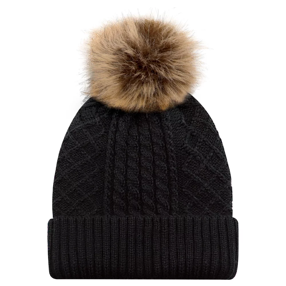 Toque avec doublure en satin pour femme / bord en acrylique avec pompon en fausse fourrure de 12 cm.