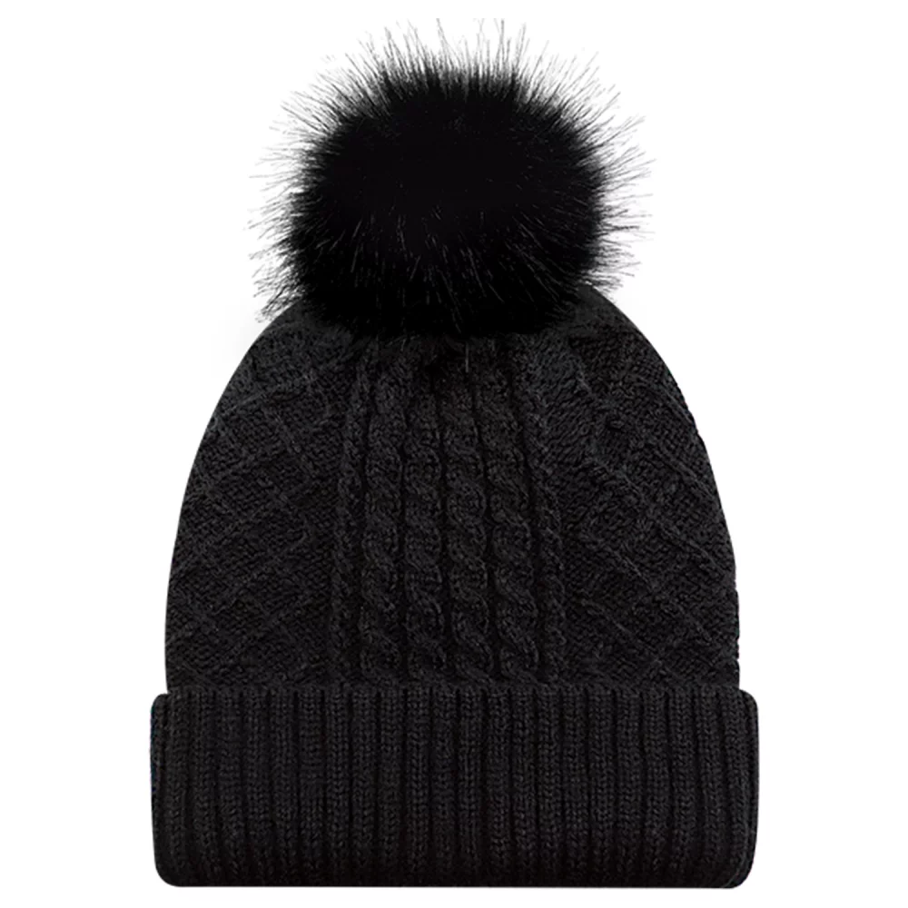 Toque avec doublure en satin pour femme / bord en acrylique avec pompon en fausse fourrure de 12 cm.