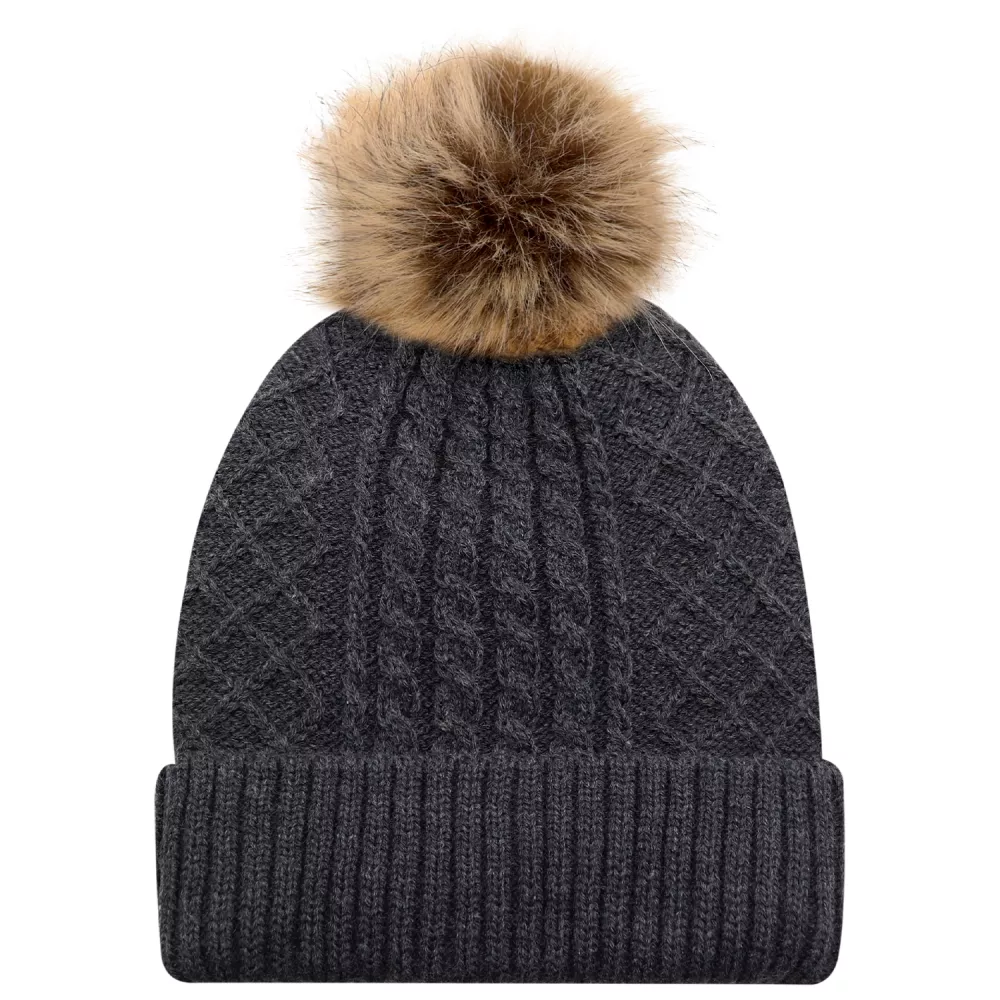 Toque avec doublure en satin pour femme / bord en acrylique avec pompon en fausse fourrure de 12 cm.