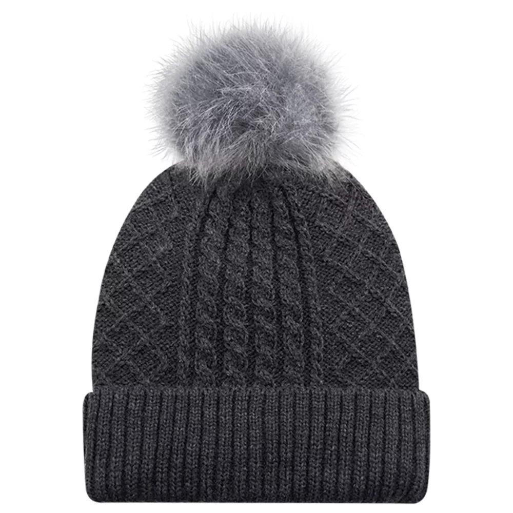 Toque avec doublure en satin pour femme / bord en acrylique avec pompon en fausse fourrure de 12 cm.