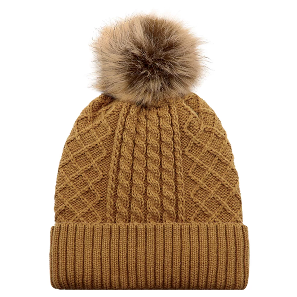Toque avec doublure en satin pour femme / bord en acrylique avec pompon en fausse fourrure de 12 cm.