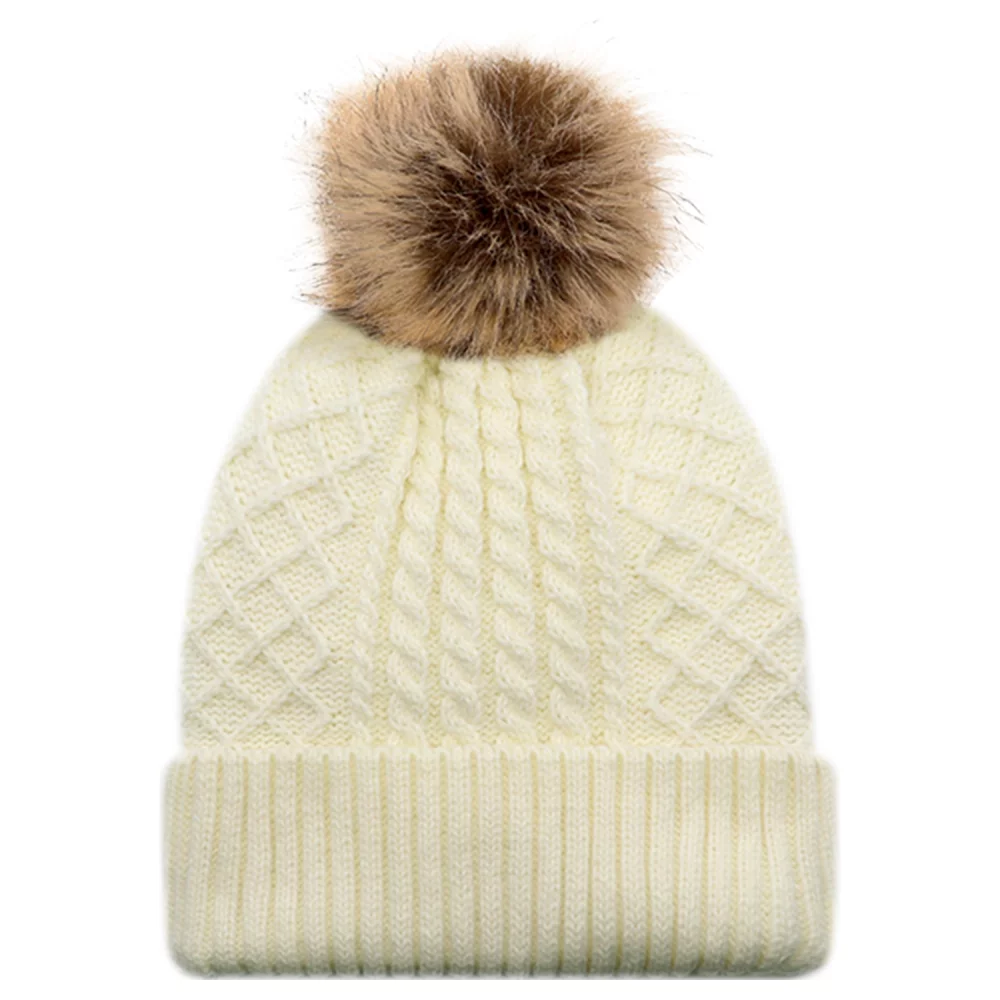 Toque avec doublure en satin pour femme / bord en acrylique avec pompon en fausse fourrure de 12 cm.