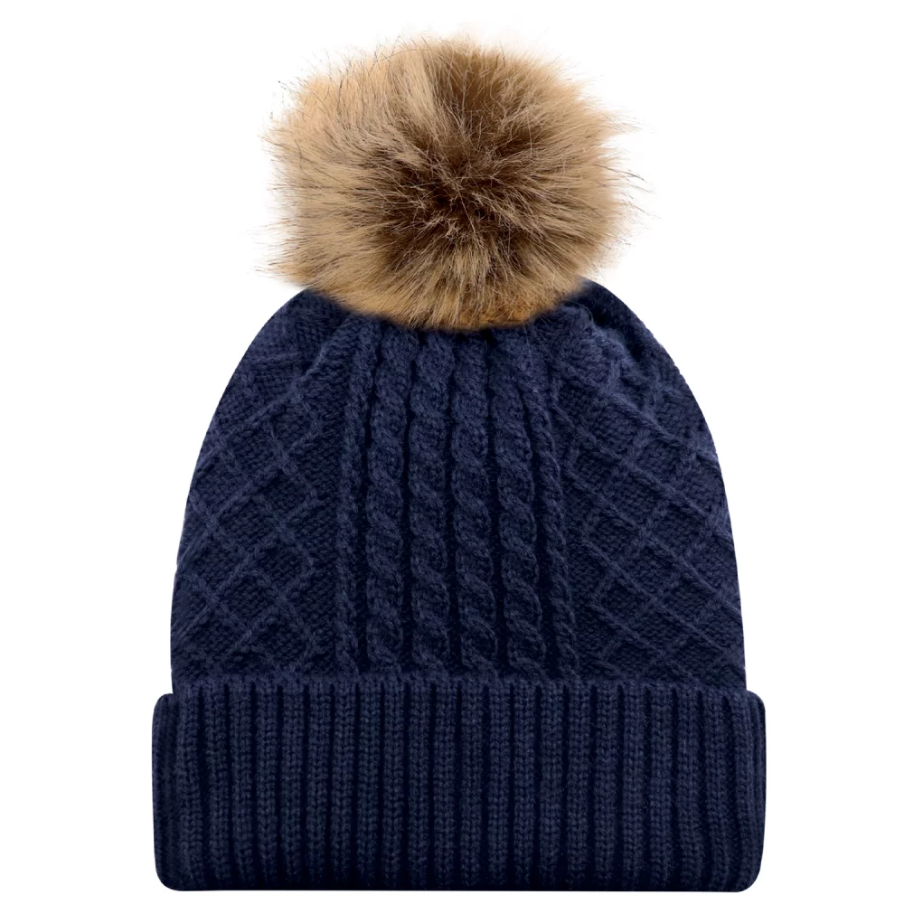 Toque avec doublure en satin pour femme / bord en acrylique avec pompon en fausse fourrure de 12 cm.