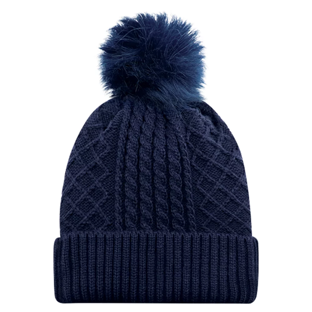 Toque avec doublure en satin pour femme / bord en acrylique avec pompon en fausse fourrure de 12 cm.