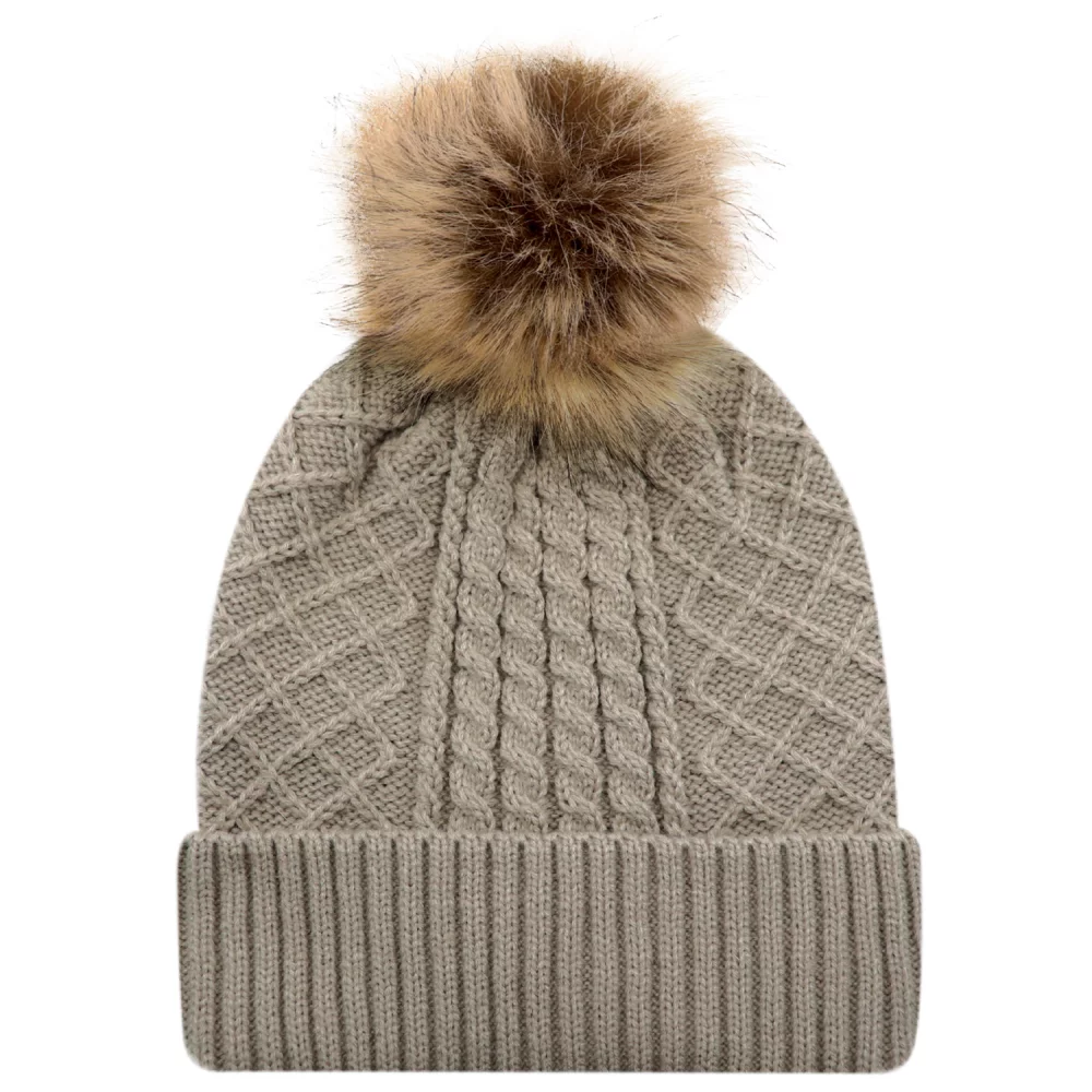 Toque avec doublure en satin pour femme / bord en acrylique avec pompon en fausse fourrure de 12 cm.