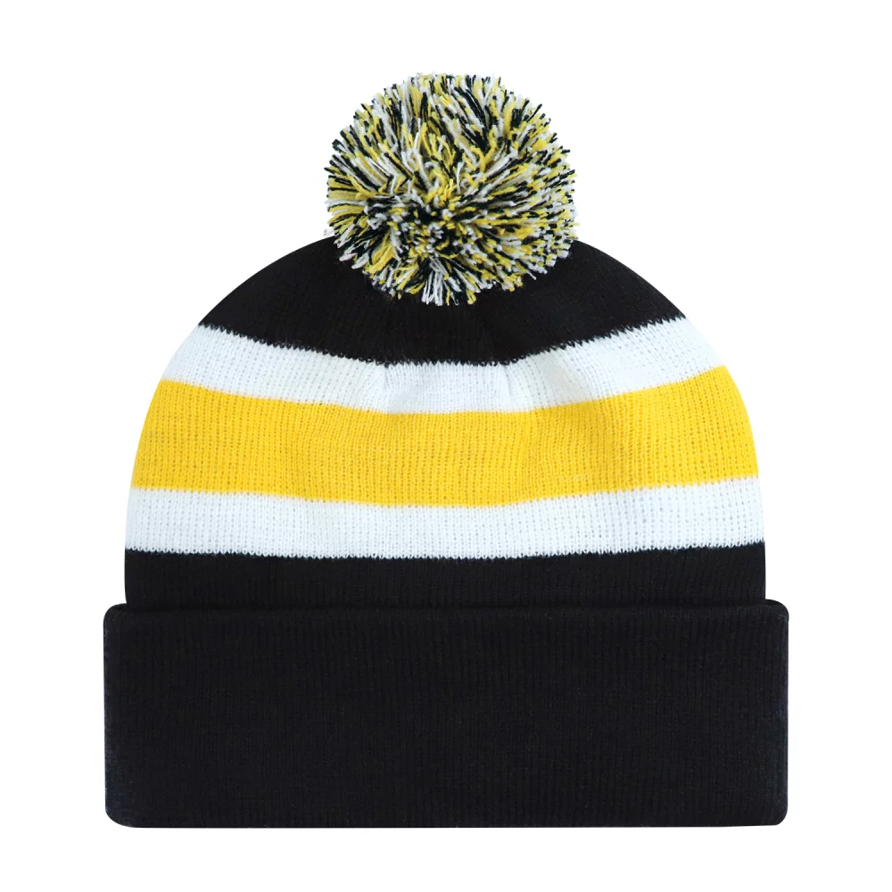 Tuque junior avec revers en pompon et tricot côtelé à rayures.