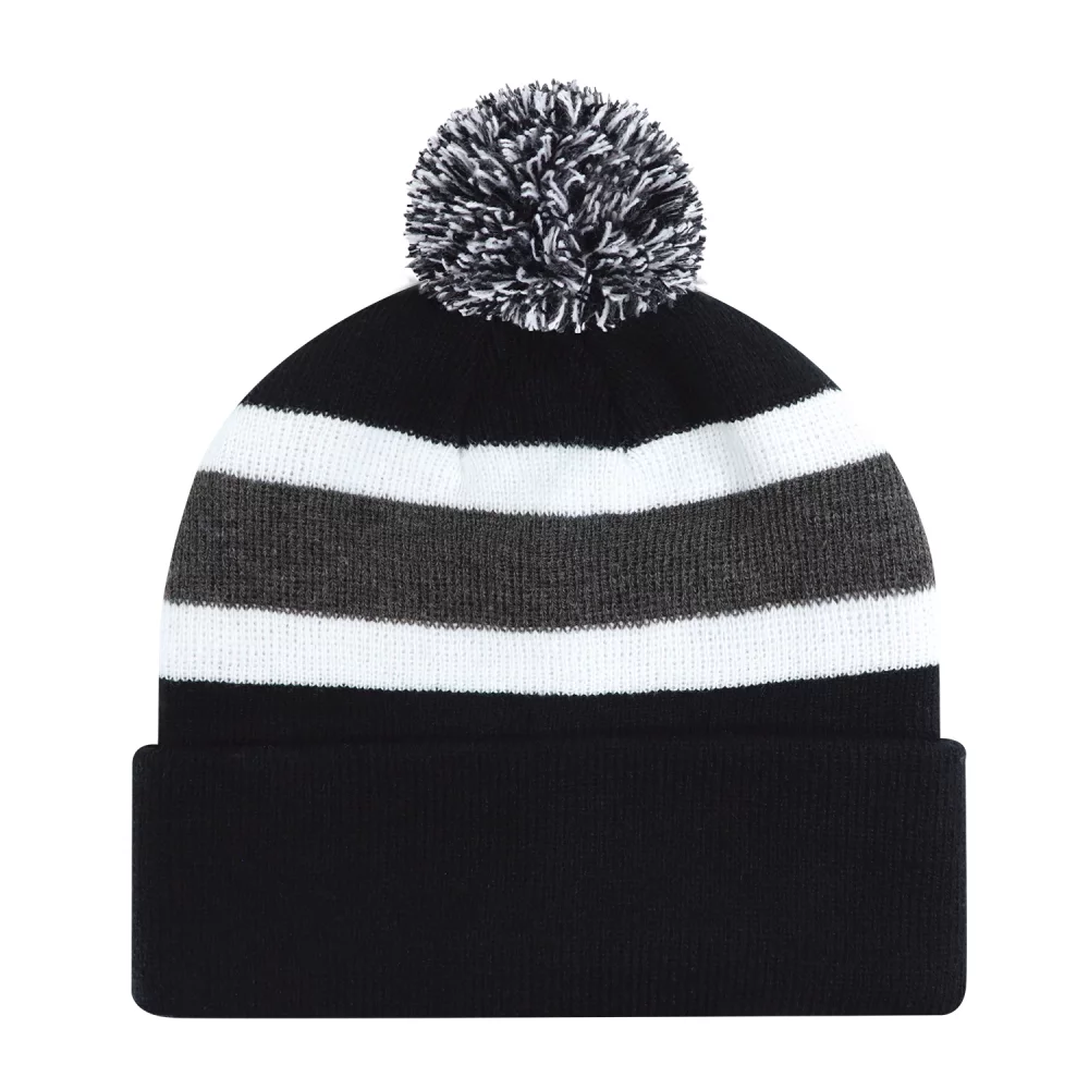 Tuque junior avec revers en pompon et tricot côtelé à rayures.