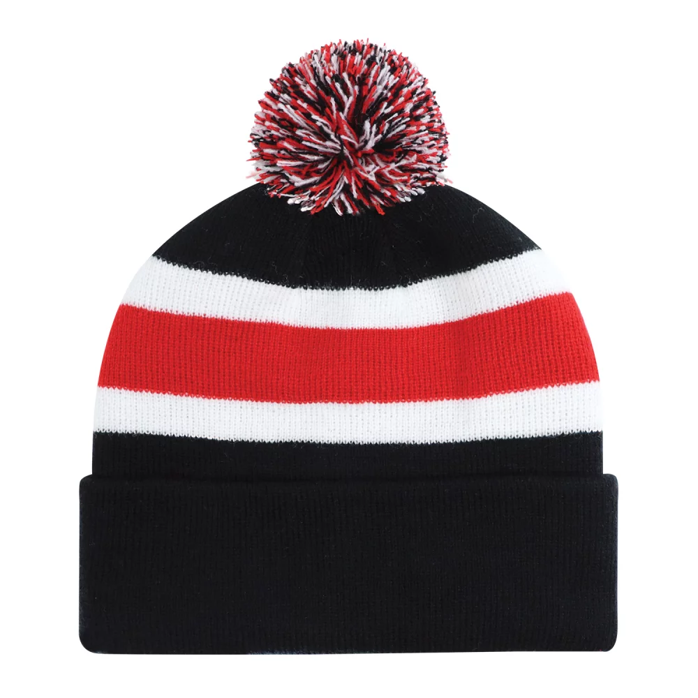 Tuque junior avec revers en pompon et tricot côtelé à rayures.