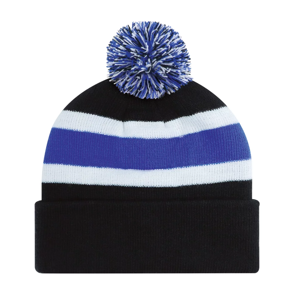 Tuque junior avec revers en pompon et tricot côtelé à rayures.