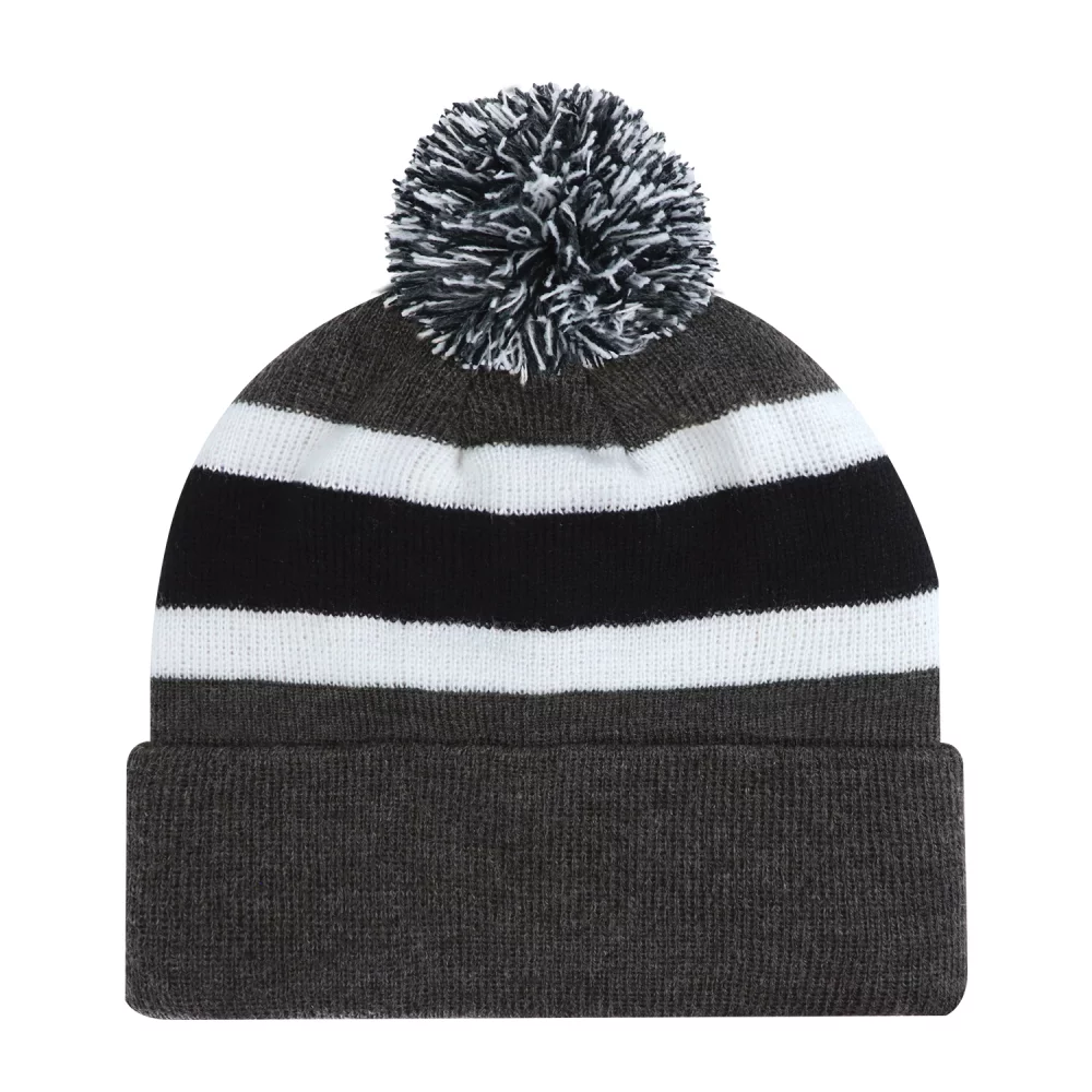 Tuque junior avec revers en pompon et tricot côtelé à rayures.