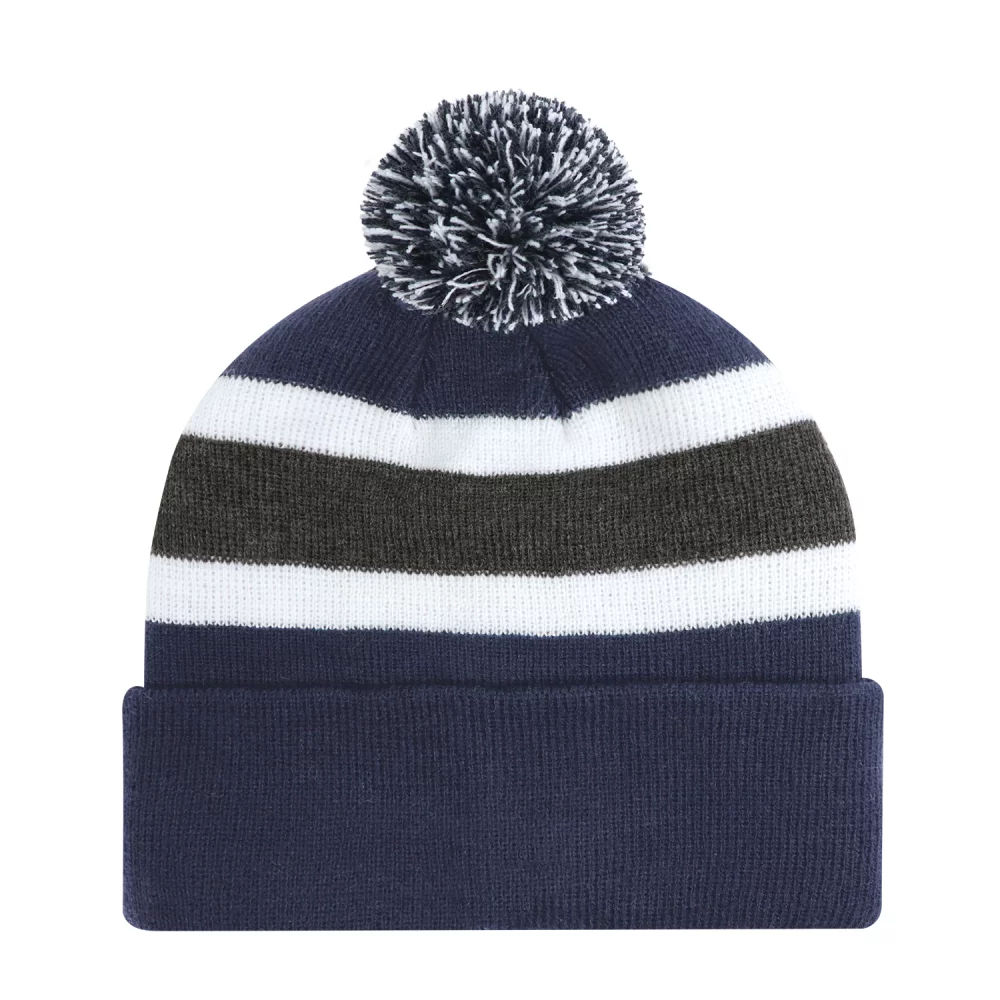 Tuque junior avec revers en pompon et tricot côtelé à rayures.