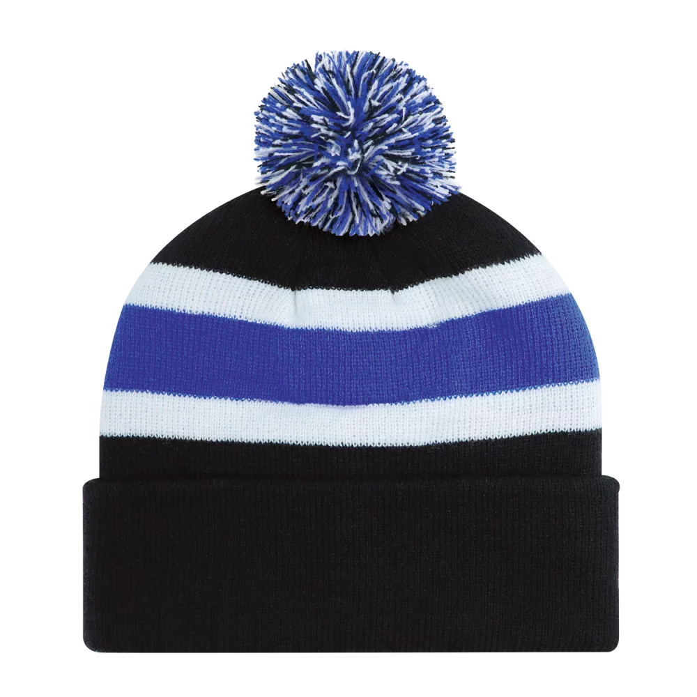 Bonnet à pompons avec bordure en tricot côtelé à rayures