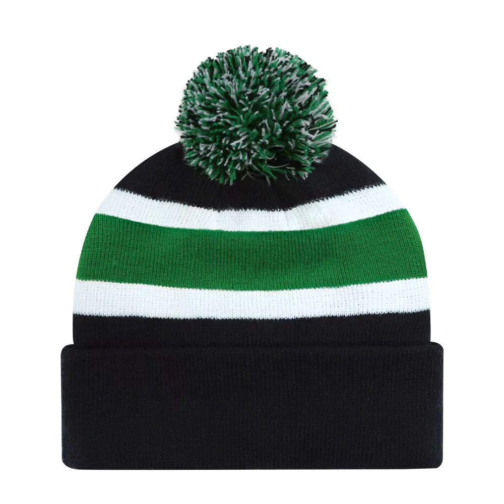 Bonnet à pompons avec bordure en tricot côtelé à rayures