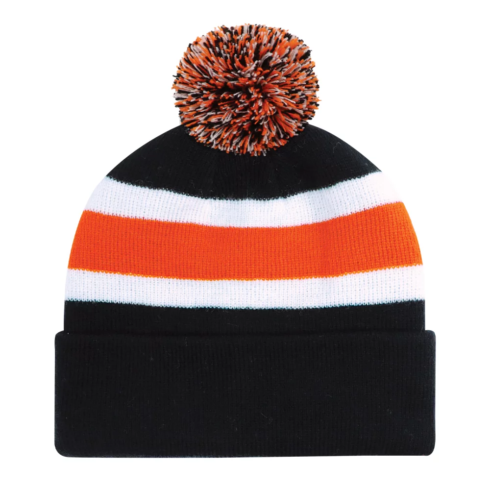 Bonnet à pompons avec bordure en tricot côtelé à rayures