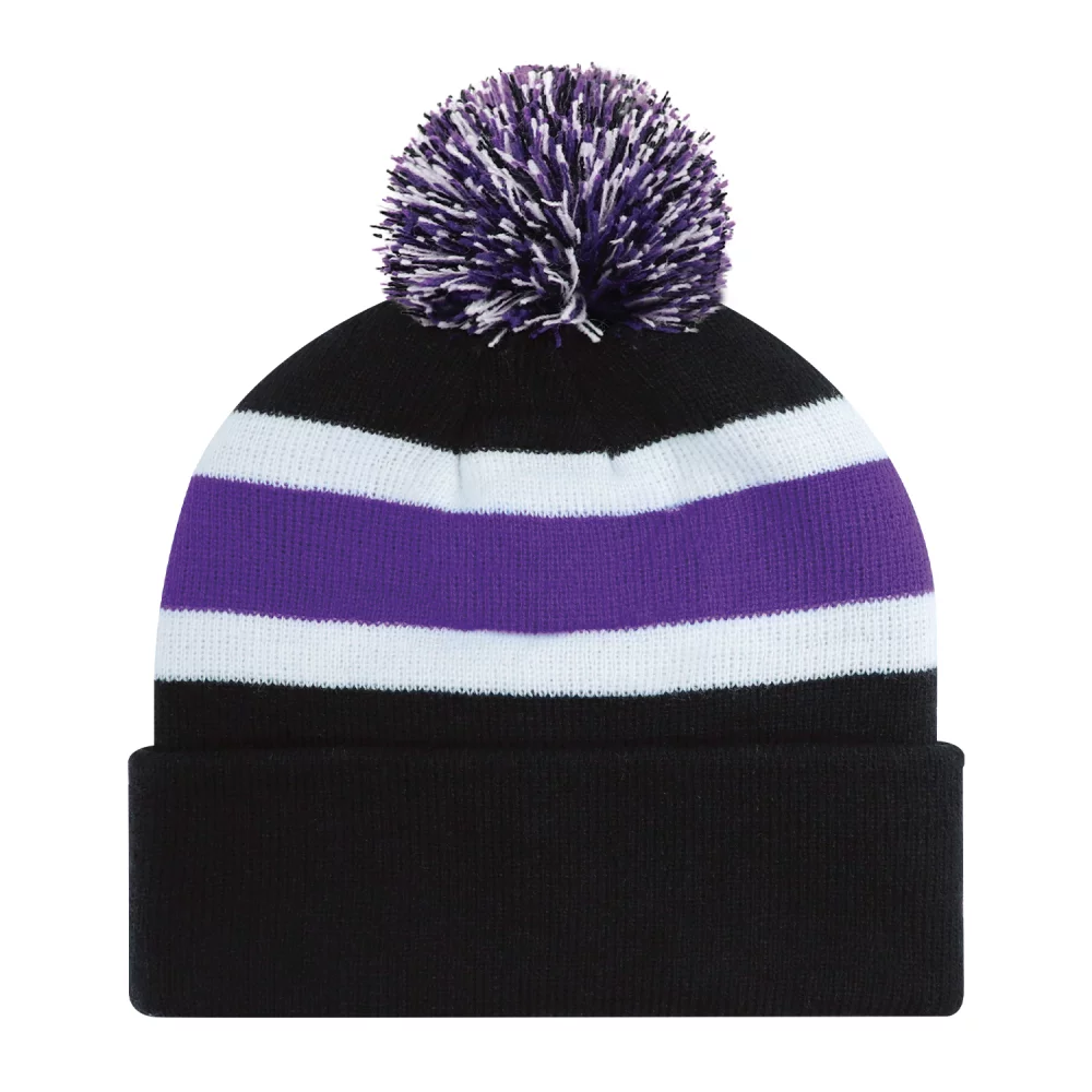 Bonnet à pompons avec bordure en tricot côtelé à rayures