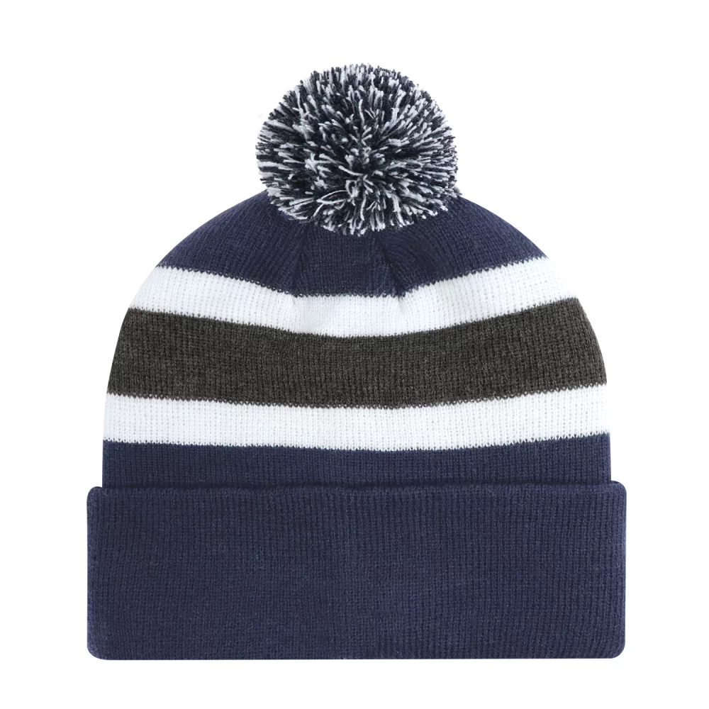 Bonnet à pompons avec bordure en tricot côtelé à rayures