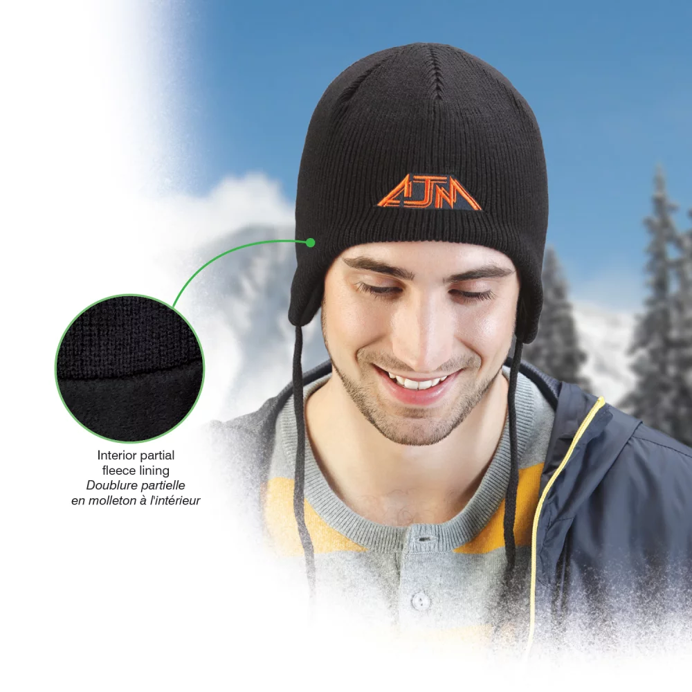 Bonnet en tricot côtelé en acrylique/polyester avec doublure en polaire.