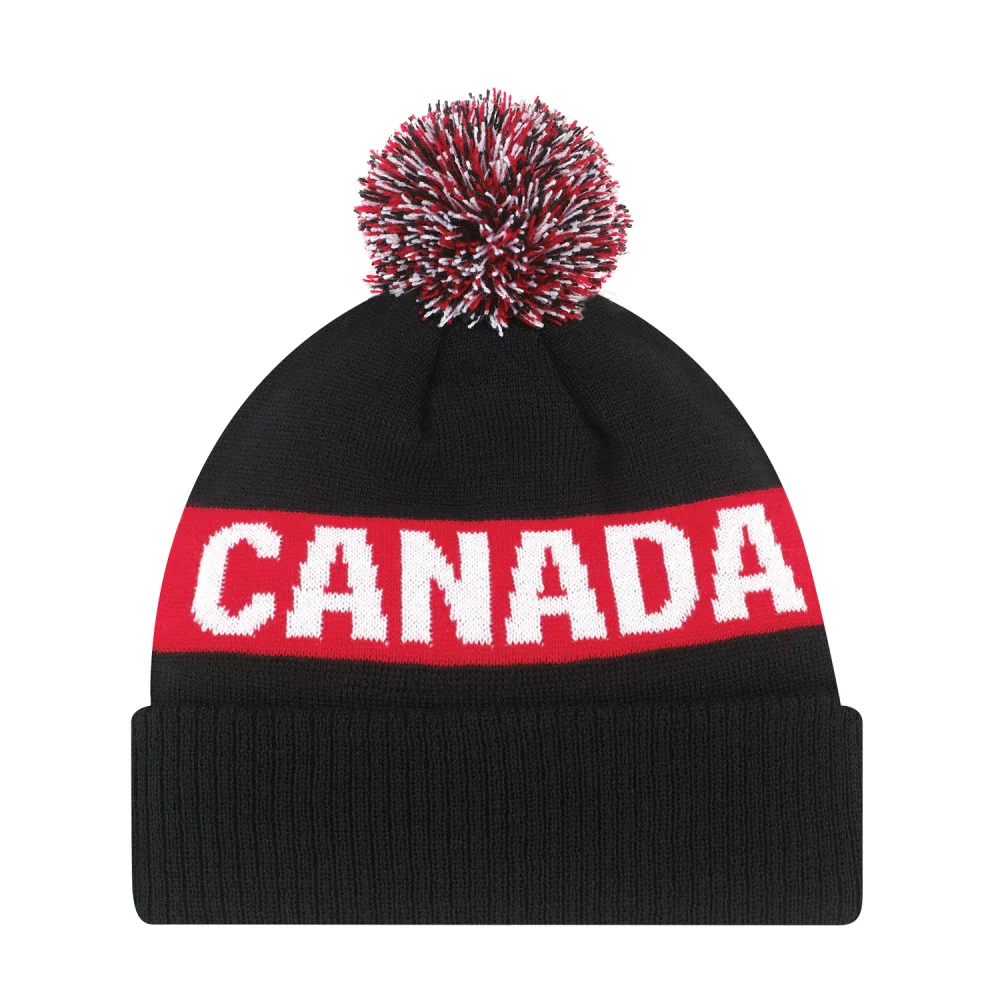Bonnet en tricot jacquard avec pompon de 8 cm, fabriqué au Canada.