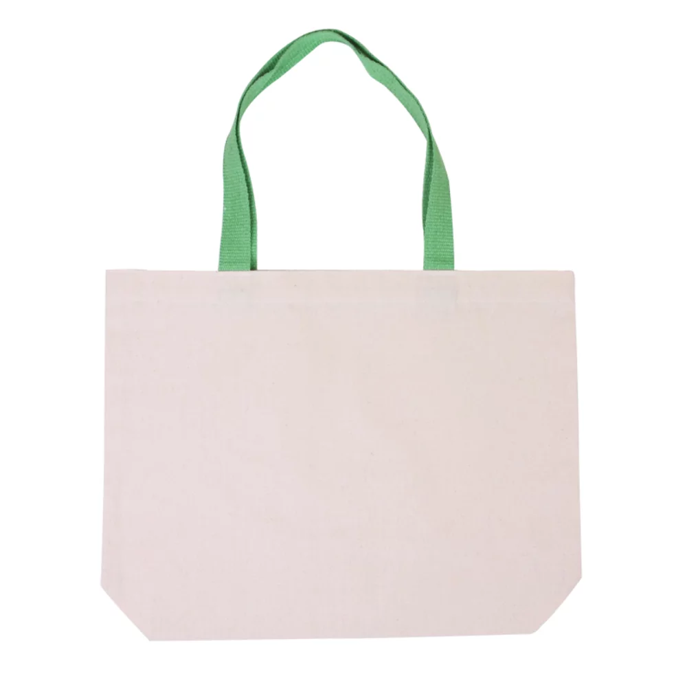 Sac fourre-tout en toile de coton avec soufflet et poignées colorées accentuées.