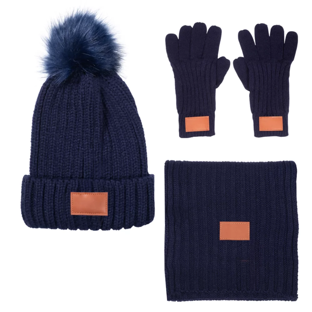 Ensemble d'hiver Leeman™ en tricot côtelé avec pompon en fourrure, 3 pièces