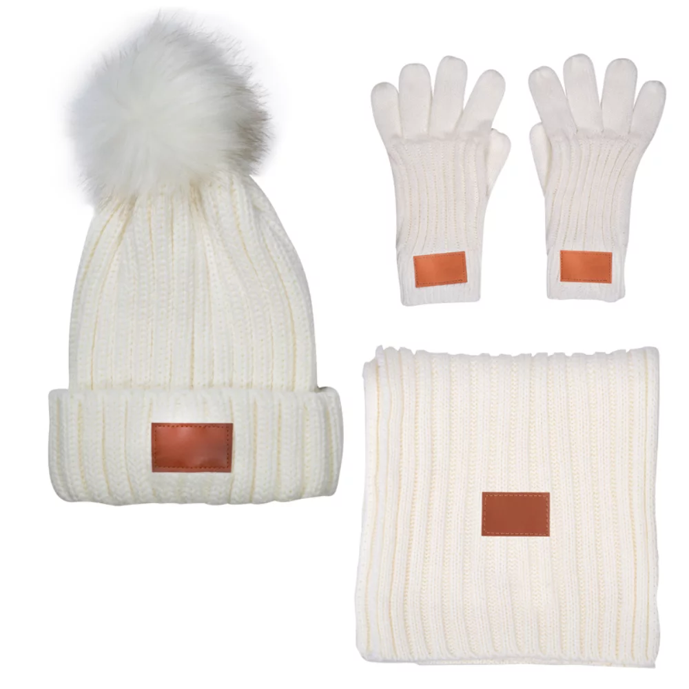 Ensemble d'hiver Leeman™ en tricot côtelé avec pompon en fourrure, 3 pièces