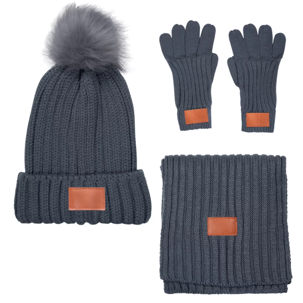 Ensemble d'hiver Leeman™ en tricot côtelé avec pompon en fourrure, 3 pièces