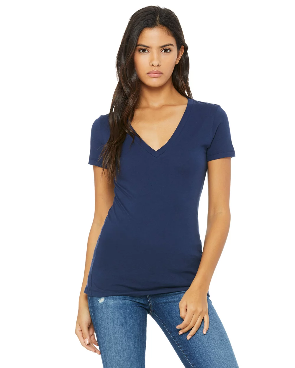 T-shirt à col en V profond à manches courtes en jersey pour femmes de BELLA+CANVAS.