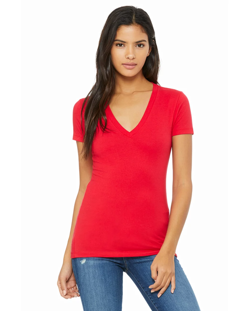 T-shirt à col en V profond à manches courtes en jersey pour femmes de BELLA+CANVAS.