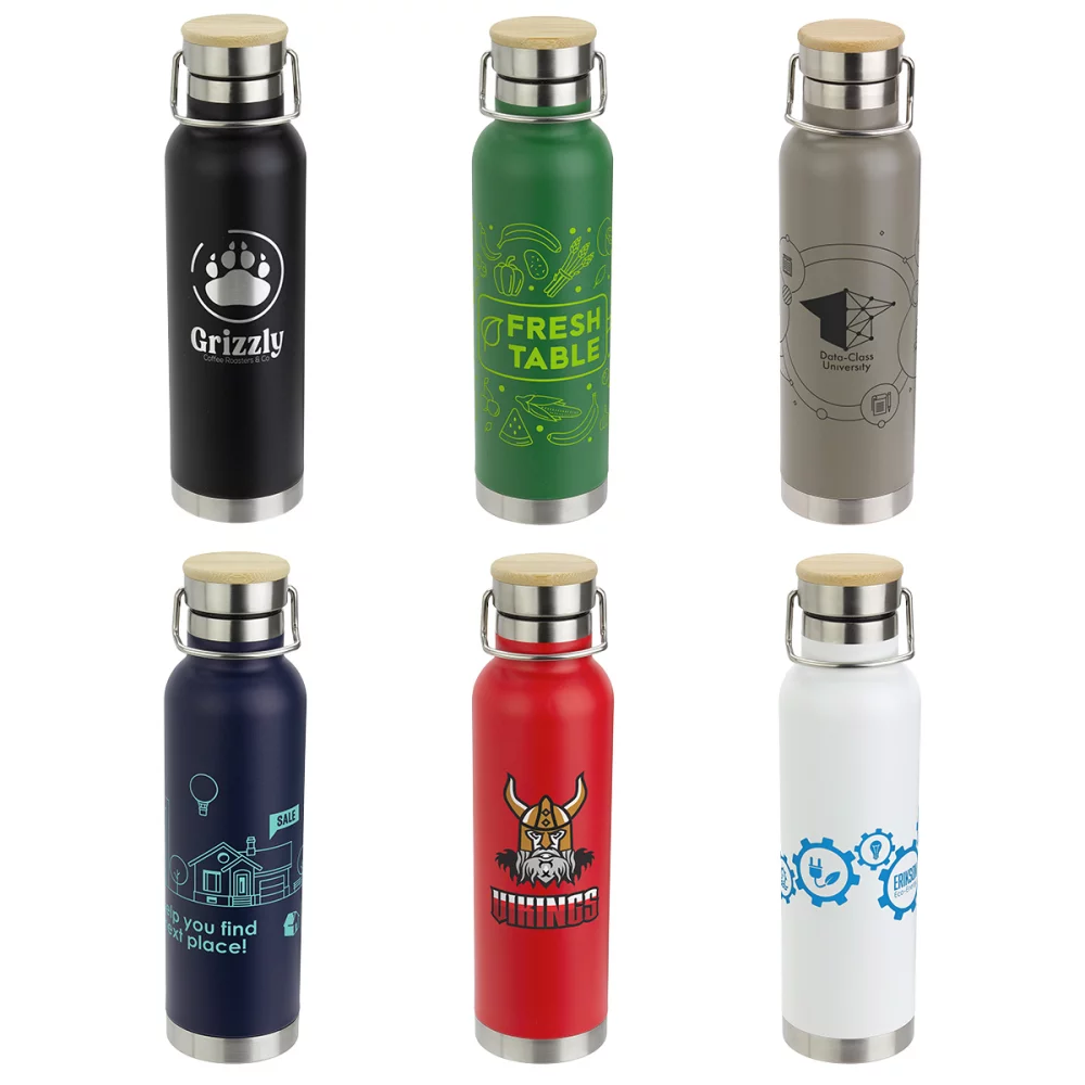 Bouteille en acier inoxydable isolée sous vide Cusano de 22 oz avec bouchon en bambou